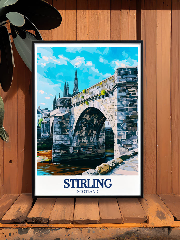 Our travel print of Stirling Castle and the surrounding landscape, including Stirling Bridge and Abbey Craig, is a timeless tribute to Scotlands historical and architectural beauty. The artwork is perfect for anyone seeking to bring a piece of Scotlands iconic landmarks into their space.