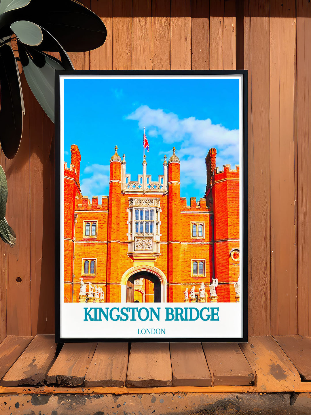 This travel poster of Kingston Bridge and Hampton Court highlights the rich history and architectural beauty of Londons significant structures, with a focus on their scenic surroundings.
