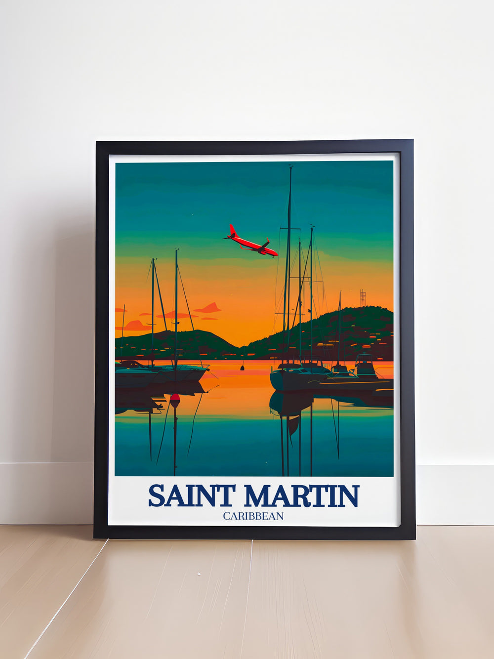 This travel poster illustrates the unique beauty of Saint Martins Maho Beach, where planes fly close overhead, alongside the tranquil Marigot Bay. The vivid colors and artistic design create a perfect piece for anyone seeking to bring the Caribbean into their space.