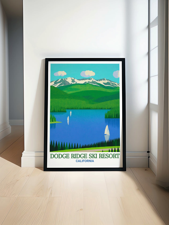 Winter sports art print featuring Dodge Ridge Ski Resort and Pinecrest Lake, capturing the excitement and tranquility of skiing in the Sierra Nevada. This detailed illustration is a wonderful addition to any home decor, celebrating the beauty and thrill of winter sports.