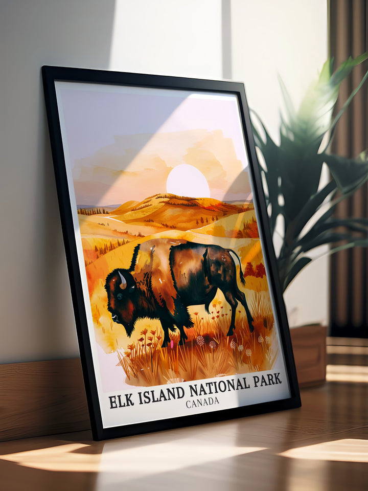 Plains bison vintage travel print from Elk Island National Park, offering a timeless portrayal of these majestic creatures. This artwork is ideal for adding a touch of Canadian heritage to your decor.