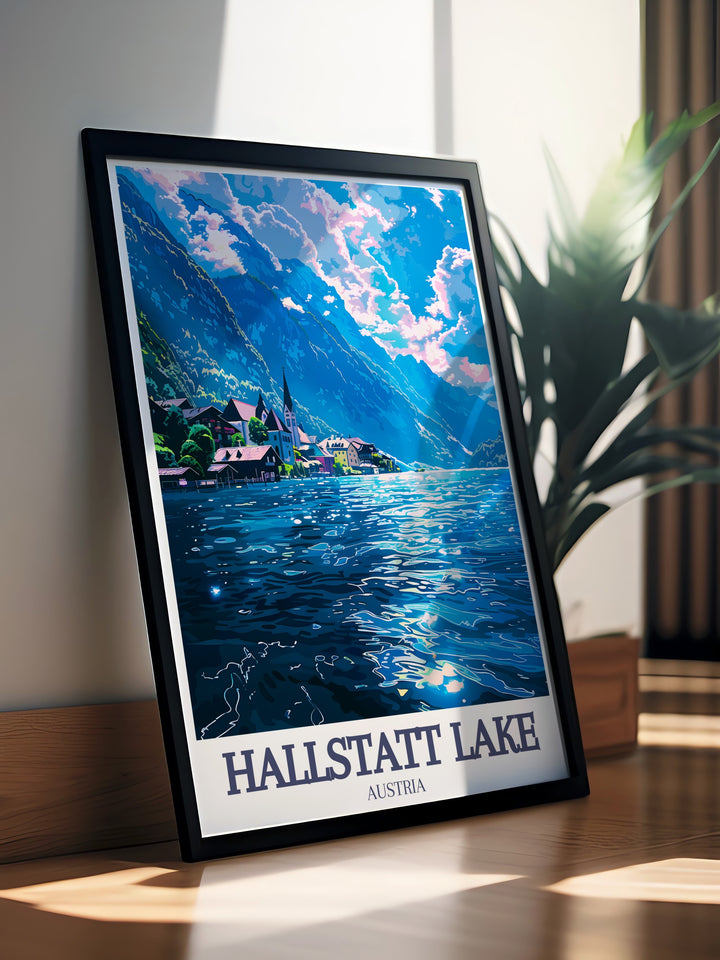 Our Hallstatt travel poster highlights the villages breathtaking setting, with Hallstatt Lake reflecting the Dachstein Mountains and the historic Hallstatt Lutheran Church. A beautiful piece of art for nature and travel enthusiasts.