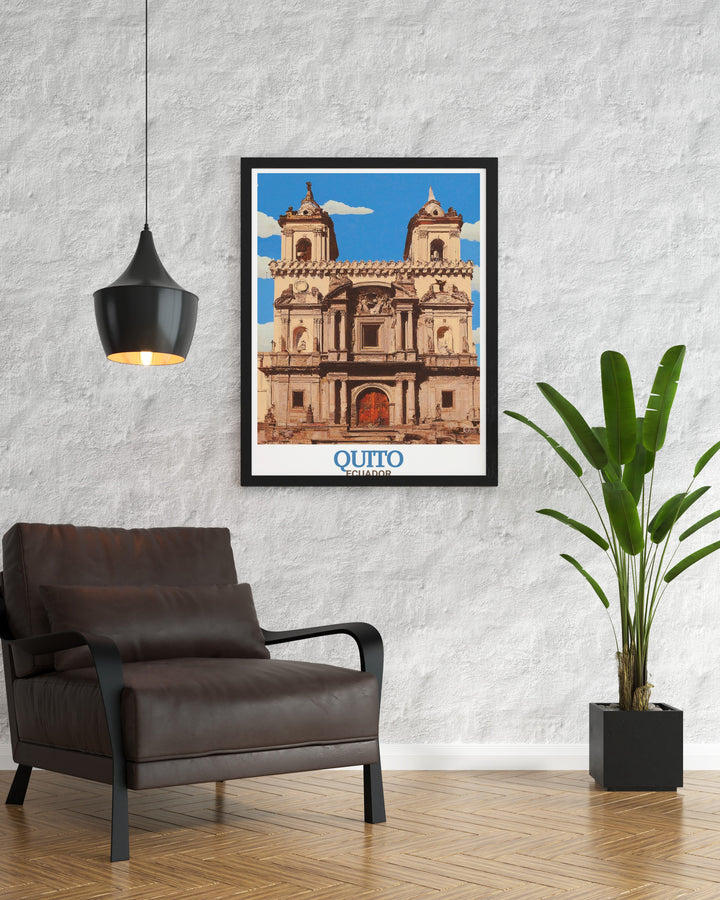 Quito Poster Print showcasing the intricate details of La Compañía de Jesús, one of Ecuadors most famous Baroque churches. This travel print adds a piece of South Americas history to your walls.