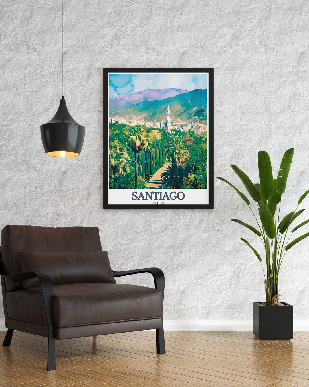 Spain wall decor showcasing Cerro San Cristobal and the Statue of the Virgin Mary This stunning Santiago poster print adds sophistication and culture to your home A perfect Spain travel gift for art and travel lovers