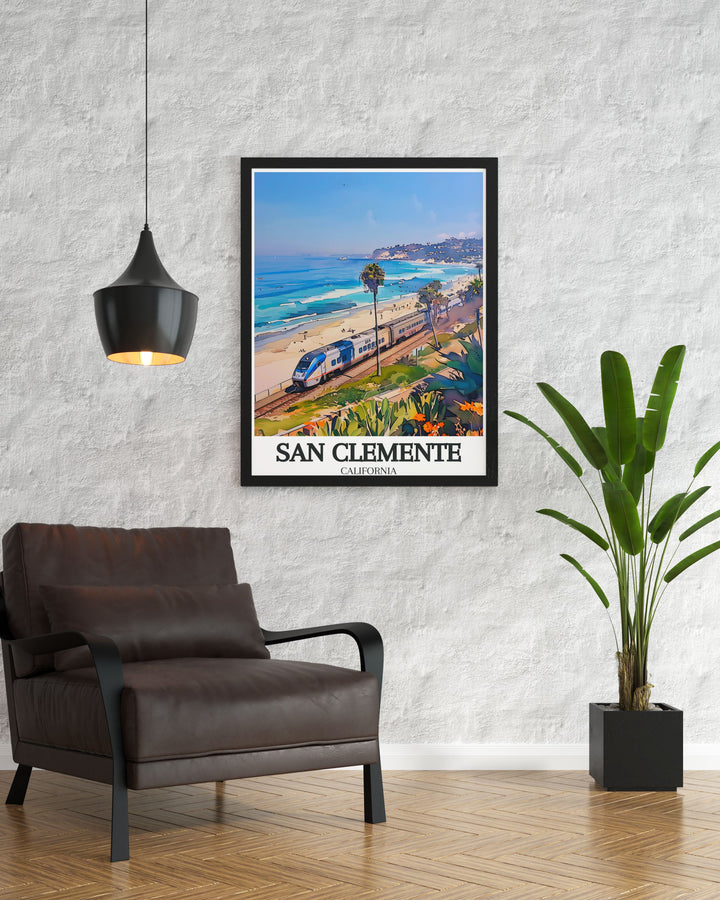 Detailed San Clemente Map Print with Railfanning train San Clemente pier. Perfect for those who appreciate modern art and colorful decor this print enhances any living space and makes a great gift