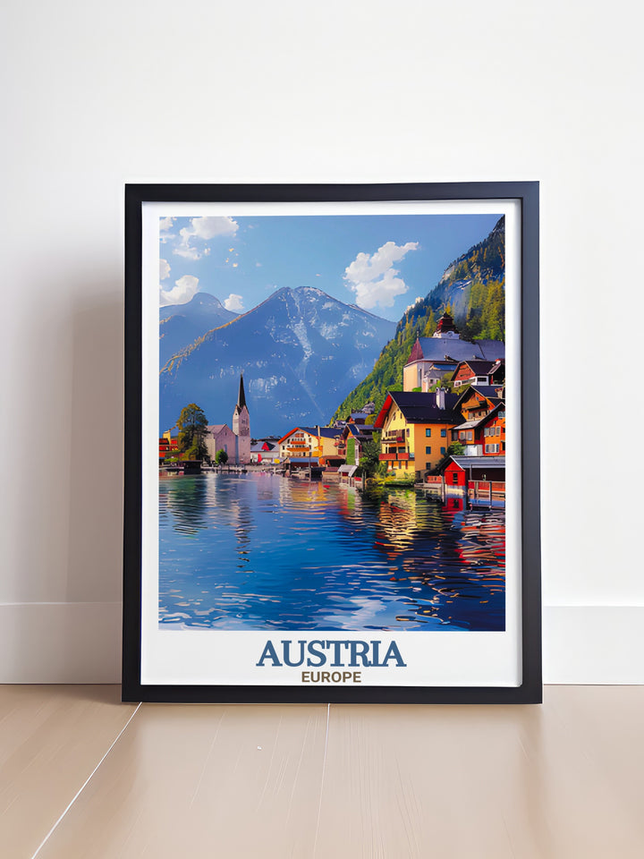 Austria travel print featuring Hallstatt scenery brings fine art and modern decor to life. This Austria colorful poster is perfect for any living room or office. The detailed Hallstatt city print adds sophistication making it an ideal gift for loved ones.