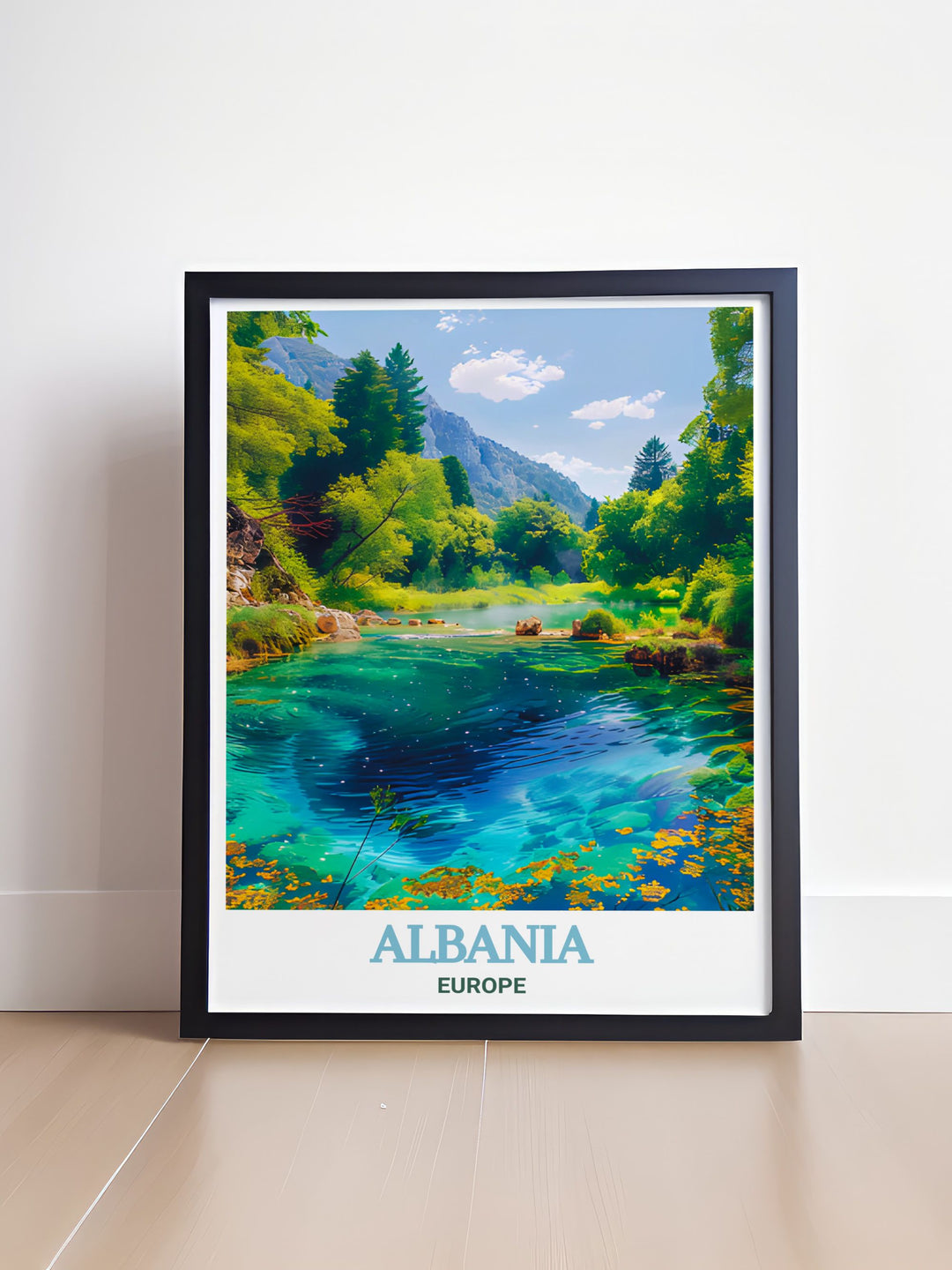 Syri i Kalter Framed Print capturing the enchanting beauty of Albanias renowned blue eye with rich colors and fine details ideal for adding a touch of sophistication to your home or as a unique and thoughtful gift for loved ones