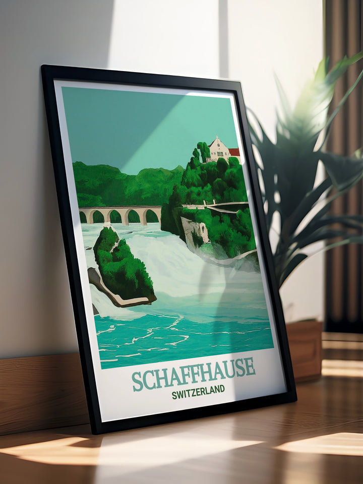 Schaffhausen art print featuring Rhine Falls. A detailed illustration highlighting the dramatic cascades and lush surroundings of this Swiss landmark. Ideal for those who love travel art and nature. Adds sophistication to home or office decor.