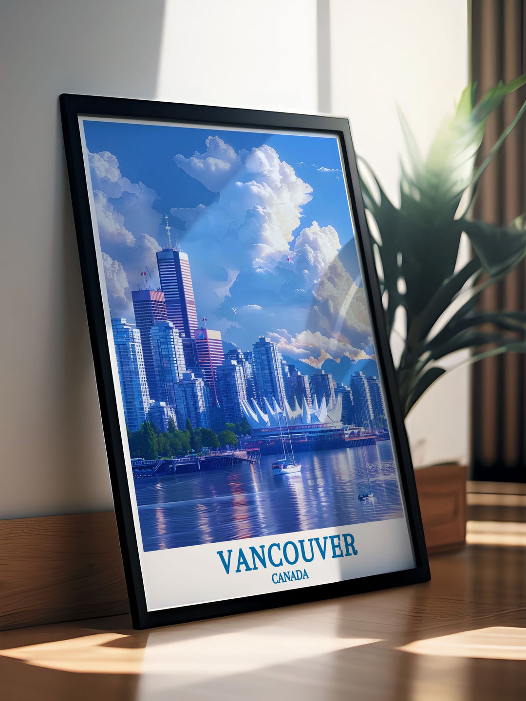 This detailed travel poster captures the architectural elegance of Canada Place in Vancouver, with its sail like roof and waterfront location. Perfect for adding a touch of modern sophistication and cultural heritage to your home decor.