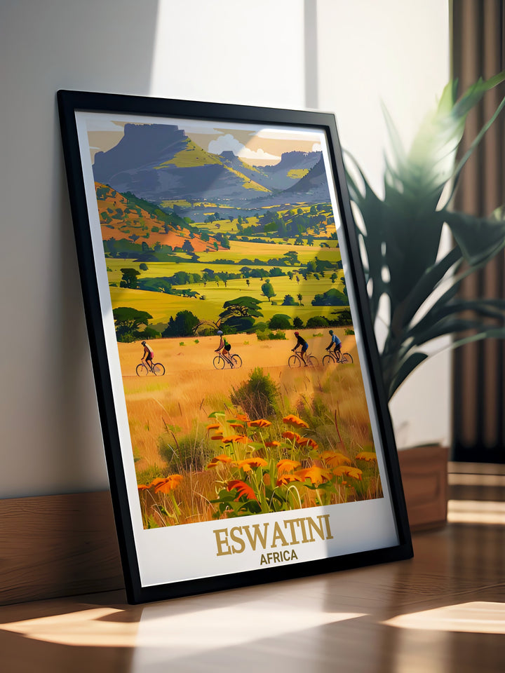 Eswatini poster print captures the breathtaking landscapes of Mlilwane Wildlife Sanctuary, showcasing the rich biodiversity and serene beauty of southern Africa. This travel print brings the wild charm of Eswatini into your home, perfect for nature lovers and adventurers.