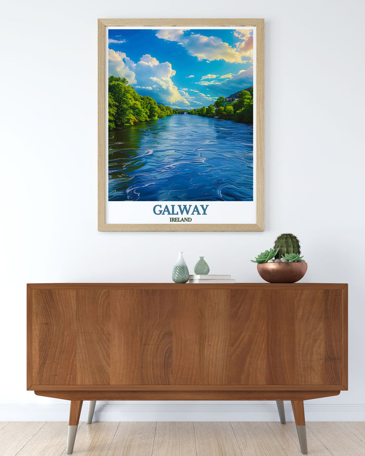 Add a piece of Ireland to your home with this travel poster of Galway and the River Corrib. The vibrant colors and intricate details capture the unique charm and natural beauty of both the city and the river, making it a stunning focal point for any room.
