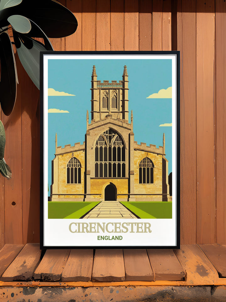 Detailed artwork of Cirencesters Parish Church of St. John Baptist, showcasing its Gothic architecture and historical significance. Perfect for those who appreciate English heritage, this wall art brings a touch of history into your home decor.