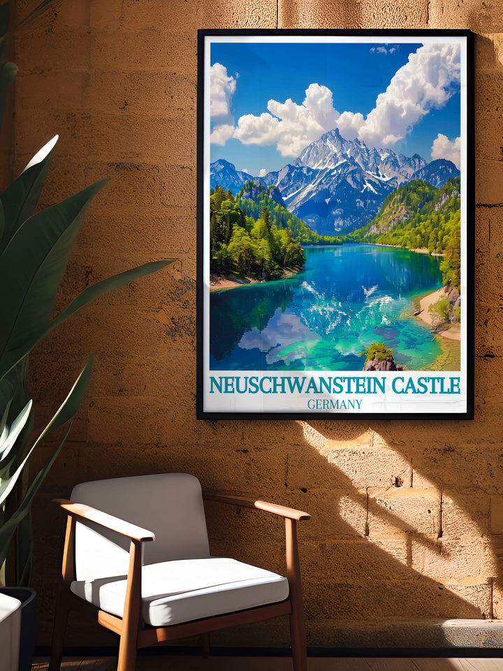 Bring the historic grandeur of Neuschwanstein Castle into your home with this travel poster, capturing its stunning views and architectural beauty, ideal for any history enthusiast.