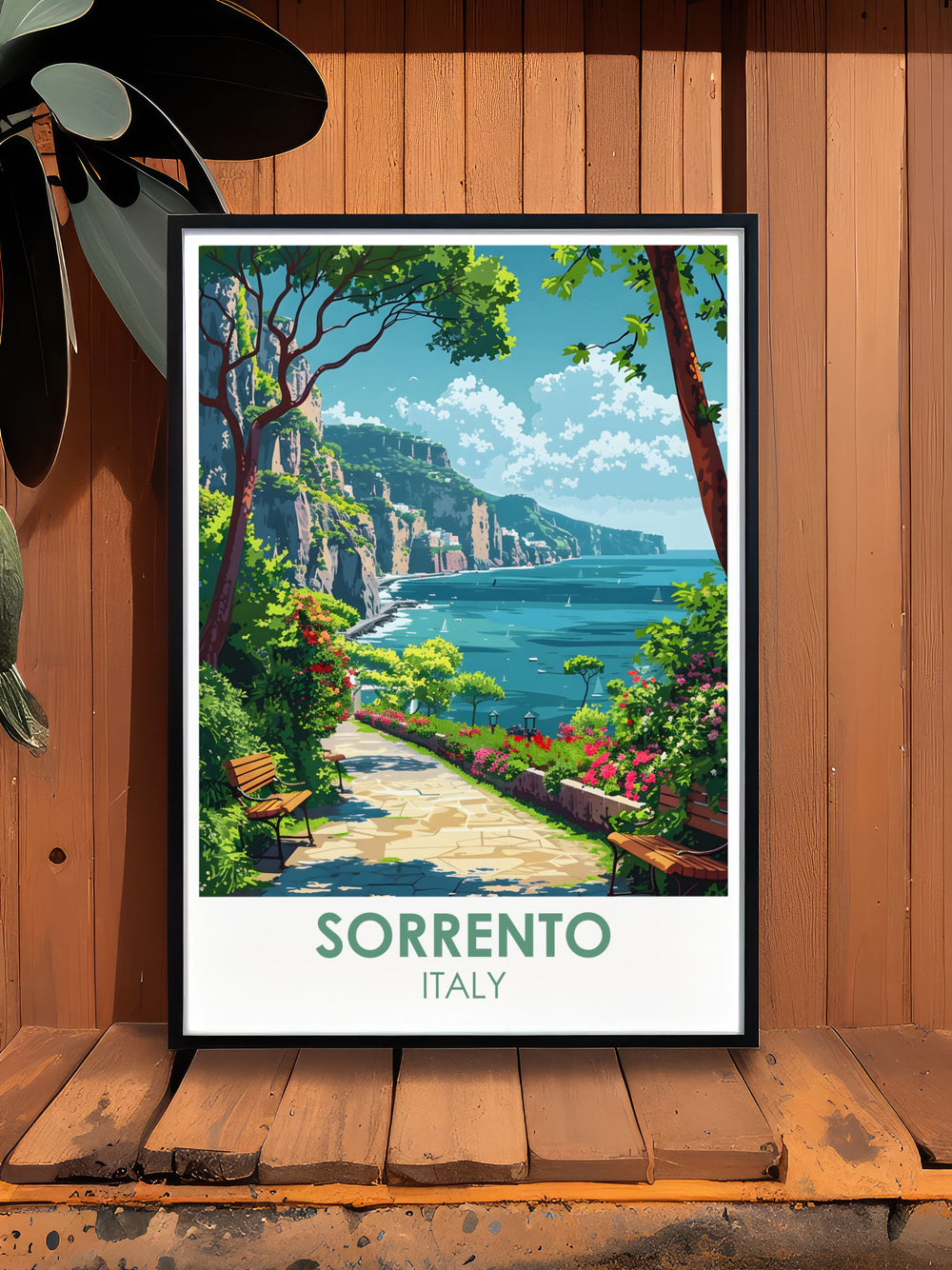 Italy wall art showcasing Villa Comunale Park in Sorrento with vibrant flora and picturesque pathways. This Sorrento art print brings the tranquility of Italy into your home adding a touch of elegance and culture perfect for living room or bedroom decor.
