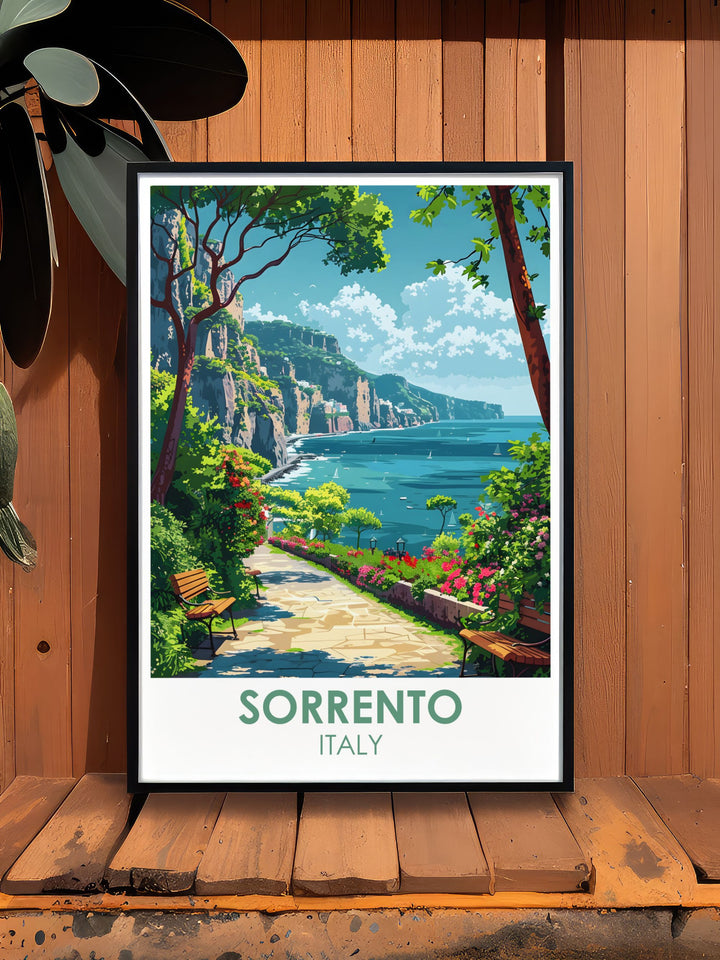 Sorrento Villa Comunale Park vintage print showcasing the tranquil paths, elegant fountains, and historic gardens of one of Italy’s most beloved locations. This artwork is ideal for those who want to bring the classic beauty of Sorrento into their living space.