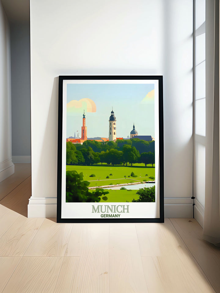 Add a piece of Munichs culture to your home with this English Garden Framed Art, showcasing the peaceful beauty of the park and the citys architectural wonders. Perfect for anyone who loves travel and nature inspired art.