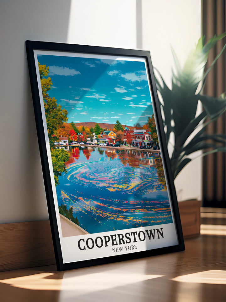 This travel poster combines the historic downtown of Cooperstown with the scenic beauty of Otsego Lake, offering a perfect balance of history and nature. A stunning piece for fans of New Yorks picturesque towns.