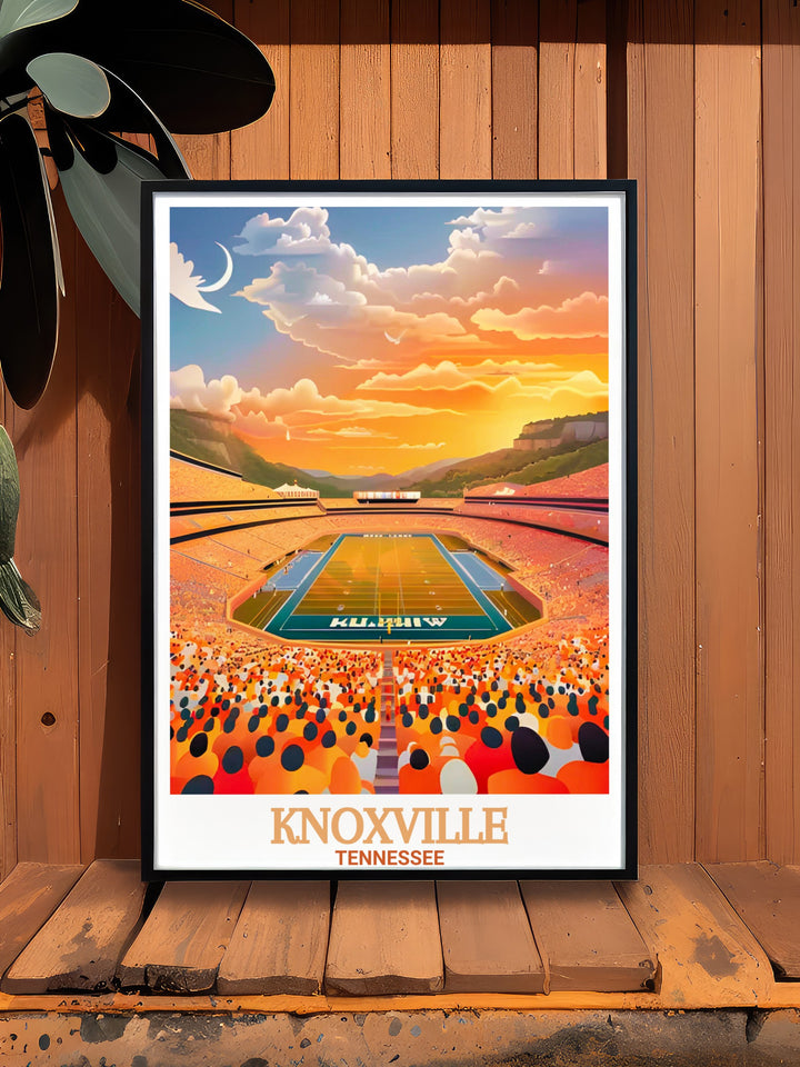 University of Tennessee travel poster featuring Knoxvilles iconic campus buildings and green spaces. A must have for alumni or anyone who admires Knoxvilles unique blend of academic excellence and architectural beauty.