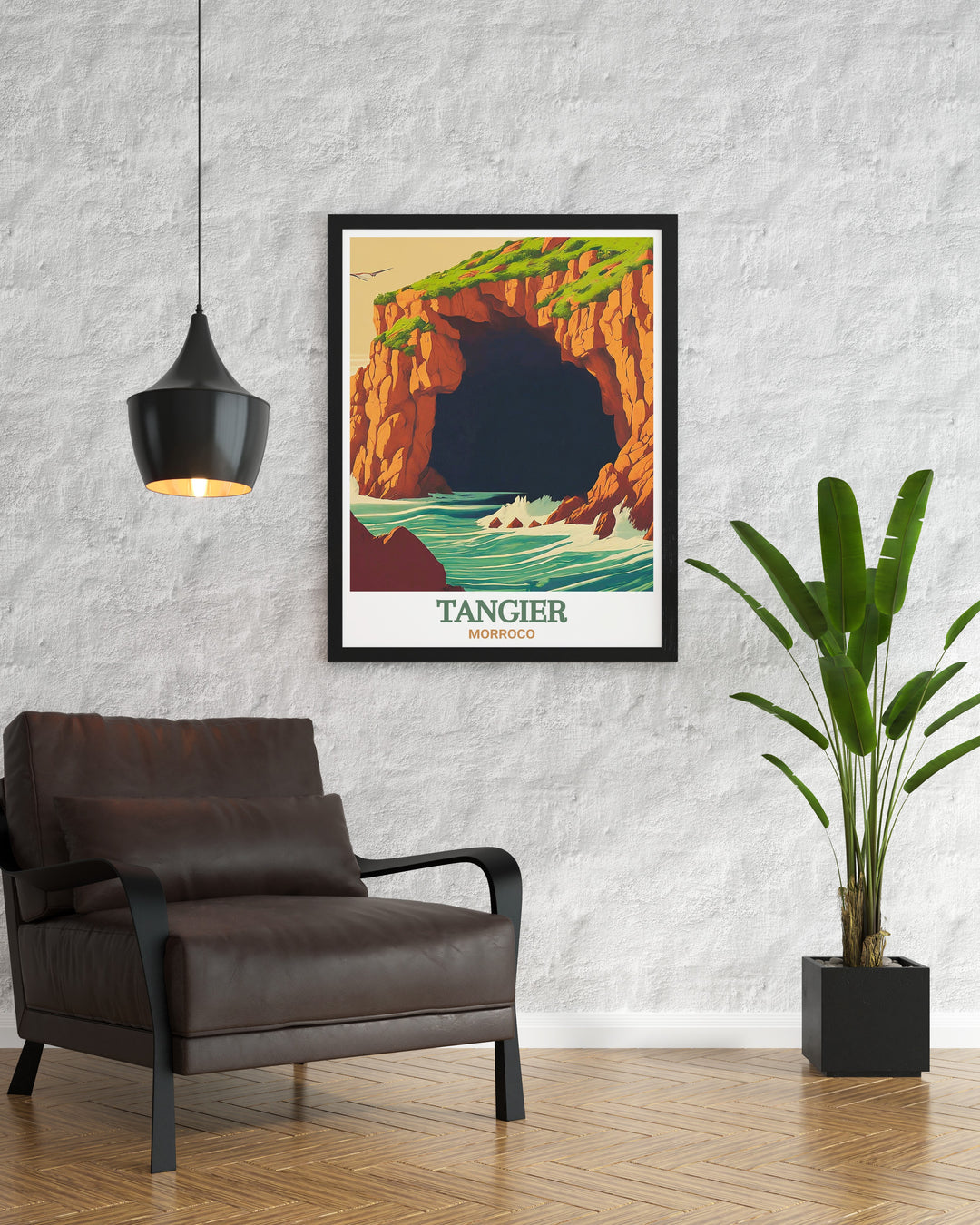 The legendary Hercules Caves are captured in this detailed Tangier poster. The natural contours of the cave and the rich history behind it make this a perfect travel print for art lovers and explorers alike.