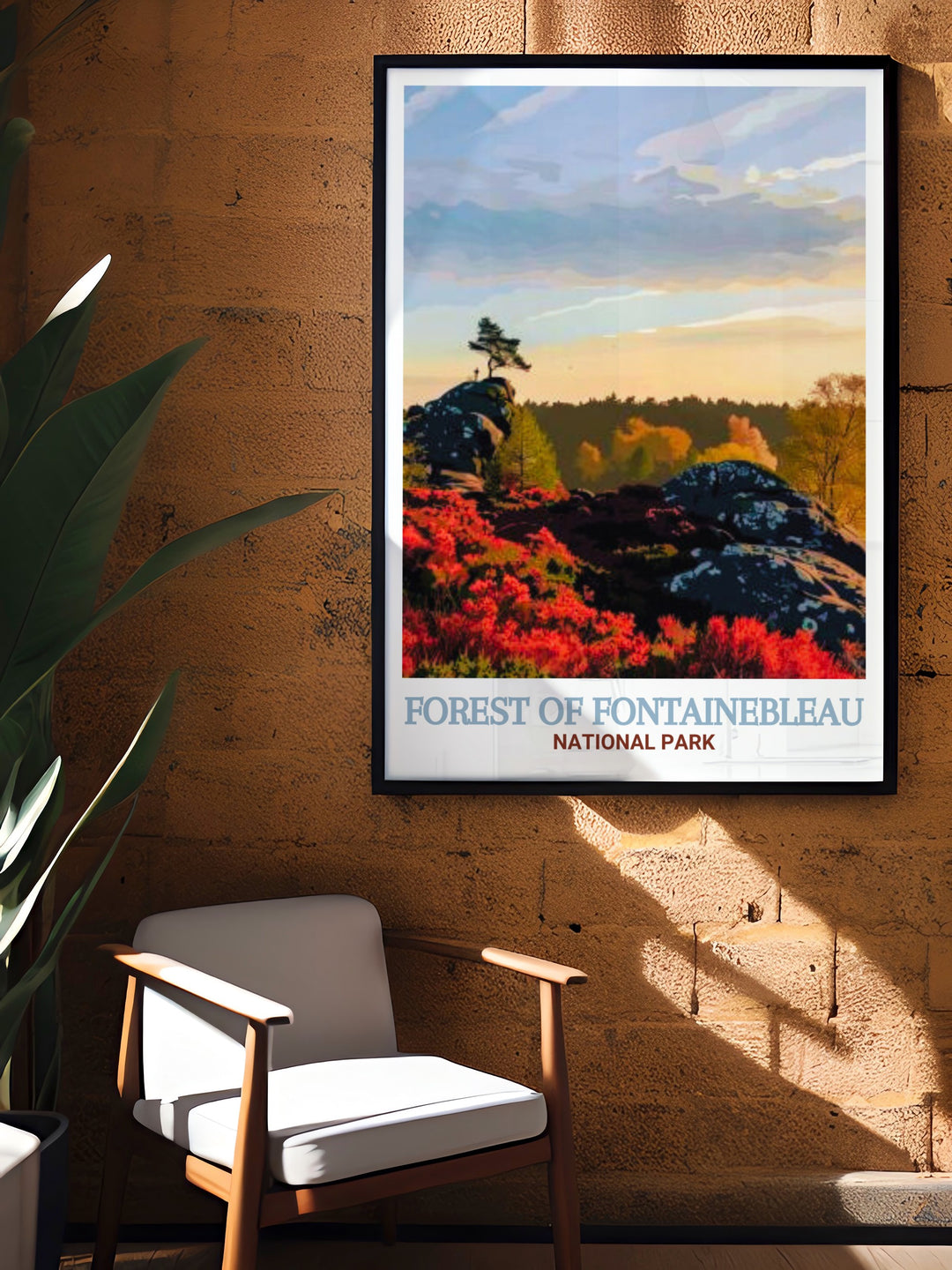 This custom travel print of Gorges dApremont features the unique rock formations and lush greenery of one of Fontainebleaus most iconic landmarks. Perfect for outdoor adventurers and nature lovers, this artwork brings the rugged beauty of Frances great outdoors into your living space, creating a serene and adventurous ambiance.