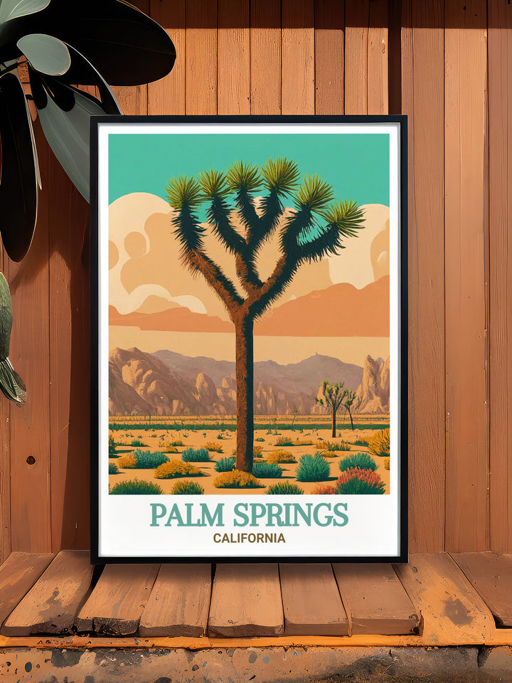 Palm Springs wall art showcasing the Yellow Hotel and the majestic Joshua Tree National Park. This artwork brings the lively spirit and stunning beauty of Palm Springs into your living space, providing a stylish and elegant addition to any room.