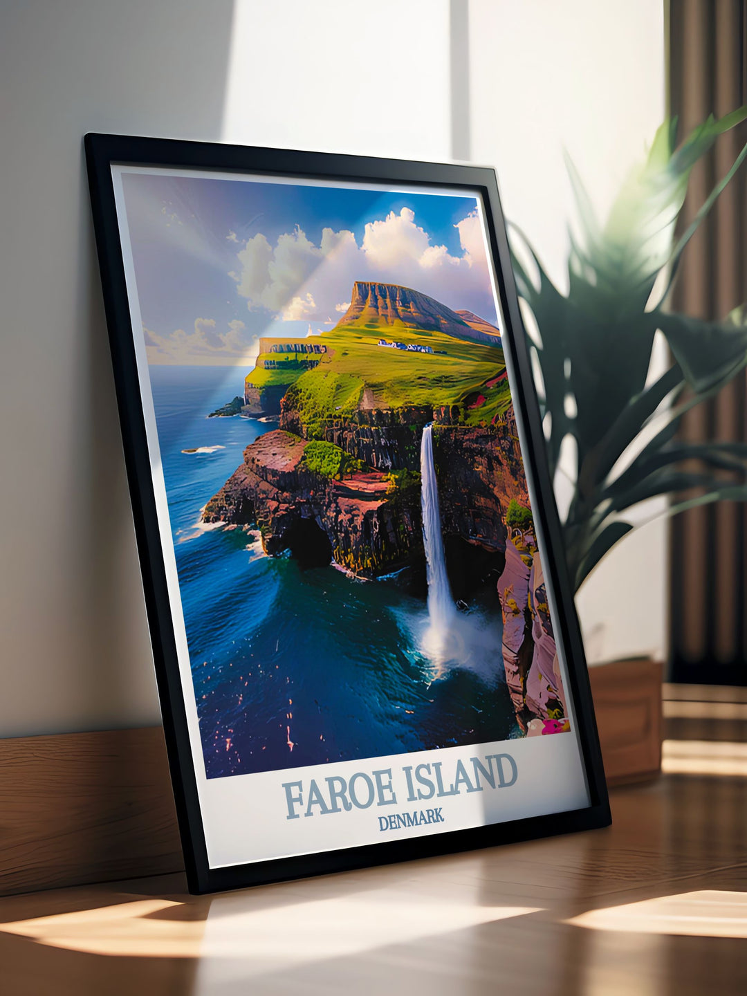The natural beauty and dramatic landscapes of the Faroe Islands are celebrated in this poster, featuring the iconic Múlafossur Waterfall and inviting you to explore its breathtaking views.