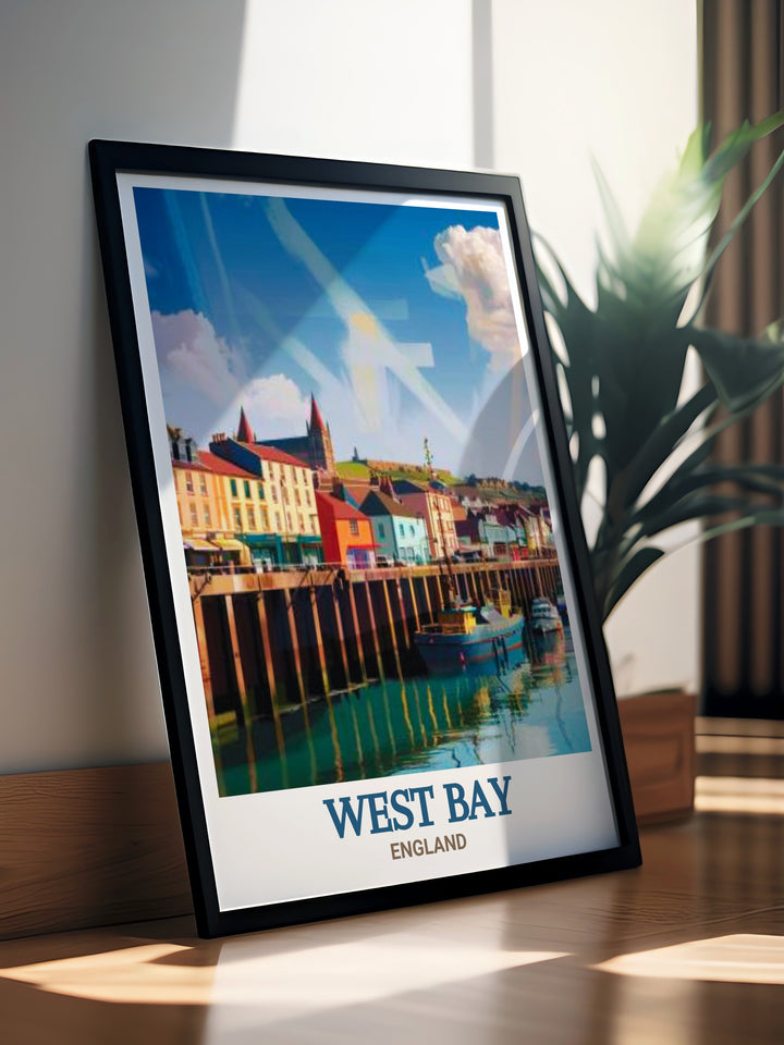 West Bay Harbour travel print showcasing the tranquil harbor nestled along Englands Jurassic Coast. This artwork captures the peaceful essence of West Bay, with colorful boats and golden cliffs, perfect for home décor or as a thoughtful travel gift.