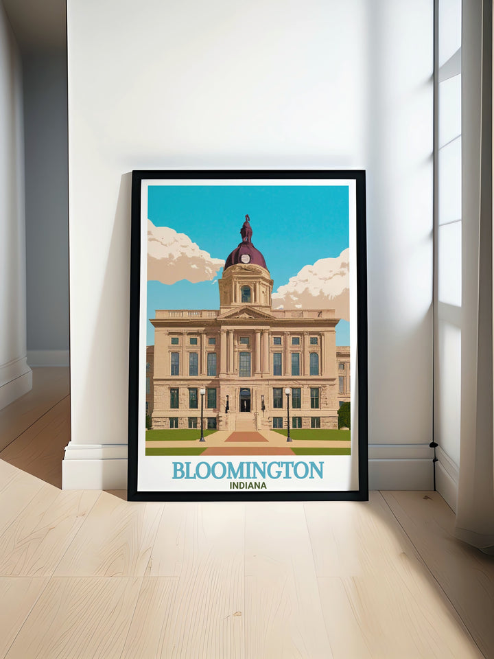 Monroe County Courthouse travel poster featuring the iconic landmark in Bloomington Indiana with a vibrant color palette perfect for adding a touch of historical charm to your home decor or as a personalized gift for history enthusiasts