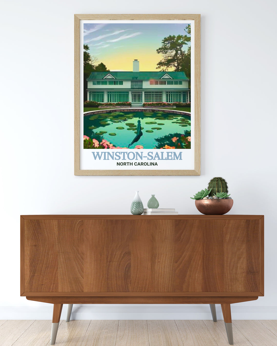 Colorful art print of Reynolda House Museum of American Art in Winston Salem. This piece celebrates the architectural elegance and lush gardens of the museum, making it a great gift for art enthusiasts and city lovers alike.