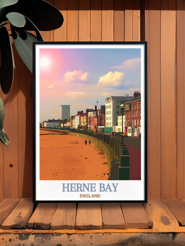 This Herne Bay canvas art showcases the relaxing beauty of one of Kents most popular seaside towns. With its gentle waves and beach huts, this Herne Bay travel print is a great way to celebrate the charm of Kents coastal heritage.