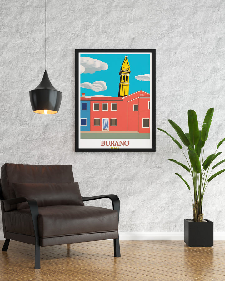 Beautiful Burano Painting showcasing the colorful houses of Burano and the San Martino Church. This wall art adds a touch of elegance and vibrant charm to any room.