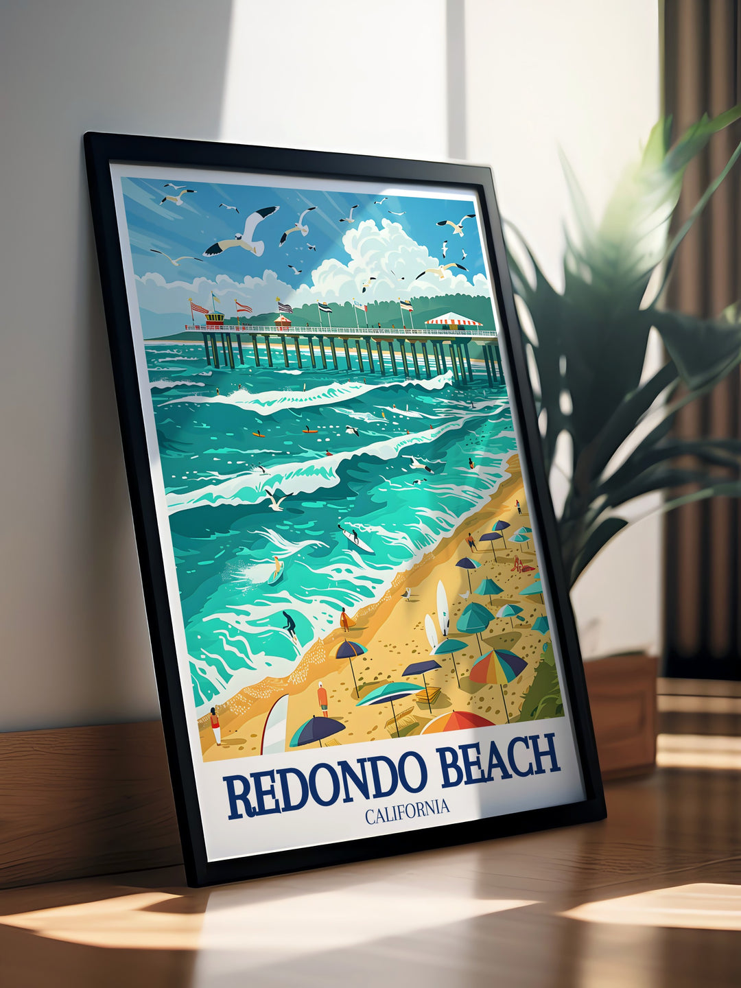 Redondo Beach travel poster capturing the essence of Southern Californias coastal lifestyle, featuring the lively Redondo Beach Pier and the serene Palos Verdes Peninsula. This vintage style wall poster adds a touch of beachside charm to your décor, ideal for those who dream of the California coast.