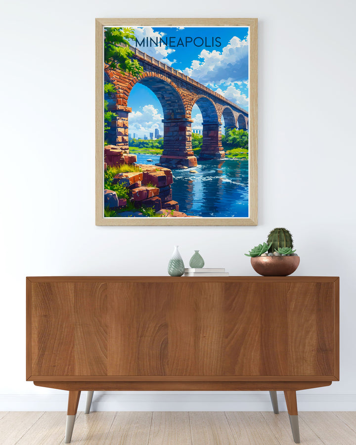 This travel poster beautifully depicts the dynamic city life of Minneapolis and the historic beauty of the Stone Arch Bridge, ideal for adding a touch of urban and historic charm to any room.