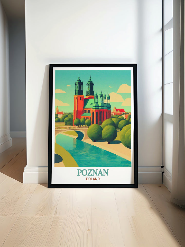 Cathedral Island modern prints showcasing the iconic beauty of Poznan create a perfect addition to any home decor with vibrant colors and intricate details perfect for any travel enthusiast or collector of Polish travel art.