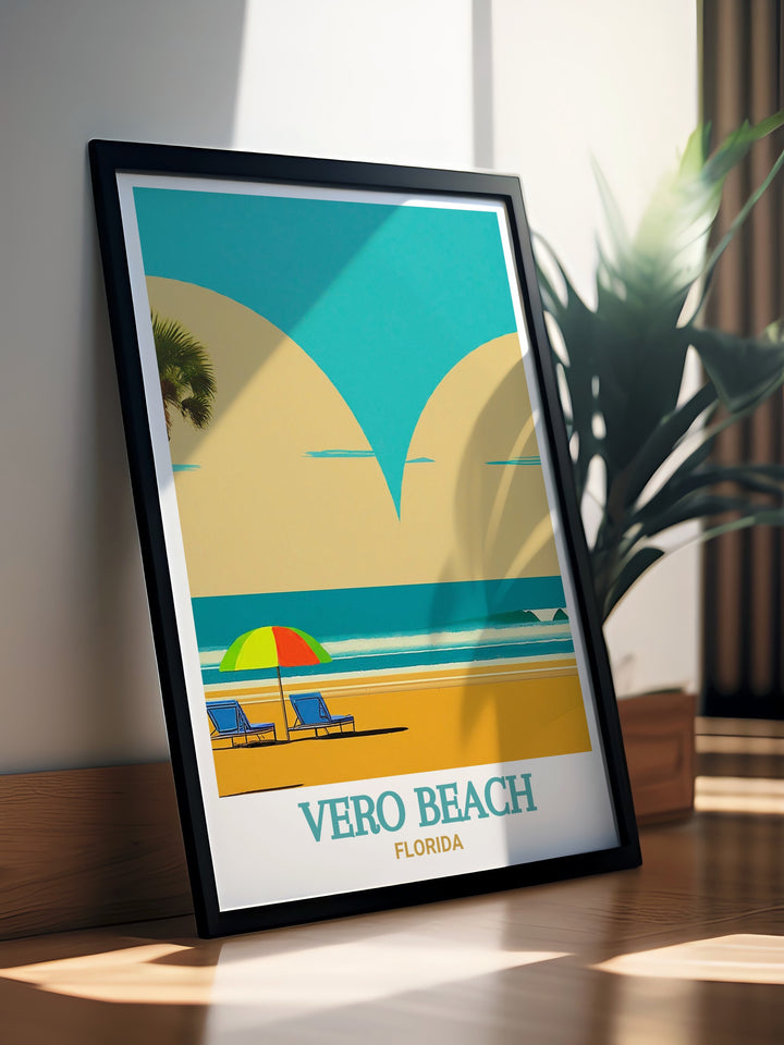 Vero Beach poster print featuring a scenic view of the sun setting over the Atlantic Ocean. This Florida wall art is perfect for those who love coastal scenery and want to bring the peaceful energy of Vero Beach into their home.