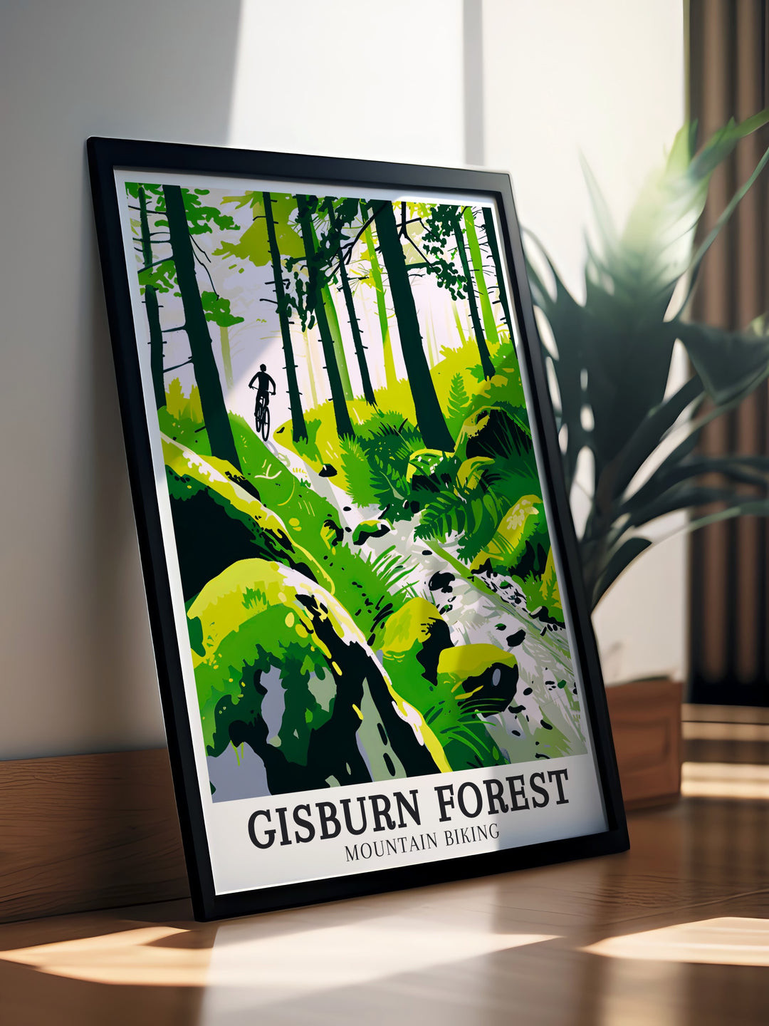 Beautifully designed Gisburn Forest Blue Route print featuring MTB trails and vibrant scenes of mountain biking perfect as a gift for cyclists or a striking addition to any room in your home