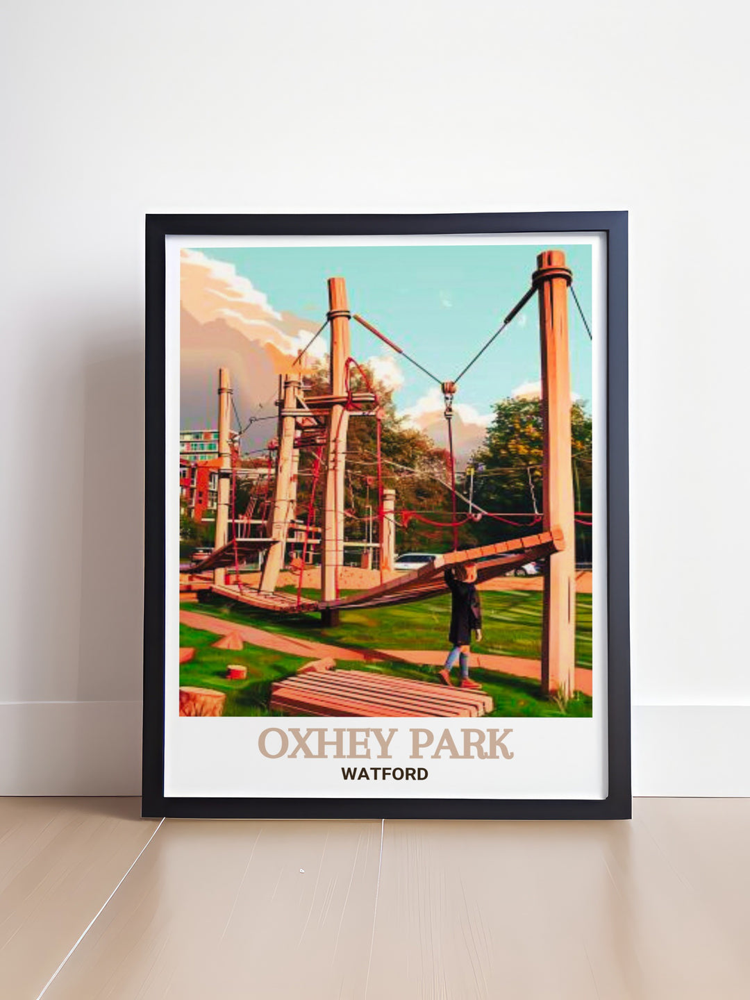 Perfect for lovers of art and travel Oxhey Park Playground Stunning Prints beautifully showcase the landscape of Bushey and Oxhey capturing the essence of the parks serene atmosphere and the flowing River Colne a timeless addition to your collection.