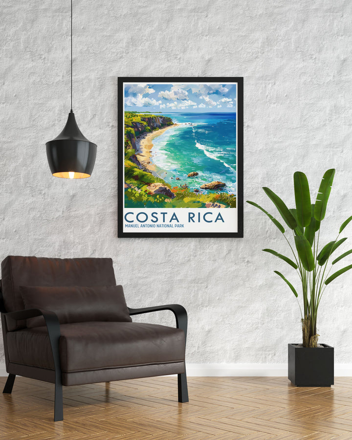 Immerse yourself in the stunning beauty of Manuel Antonio National Park with this detailed travel poster. Perfect for nature lovers and adventure seekers, this art print captures the vibrant landscapes and diverse wildlife of one of Costa Ricas most beloved parks. Enhance your home decor with this tropical paradise.