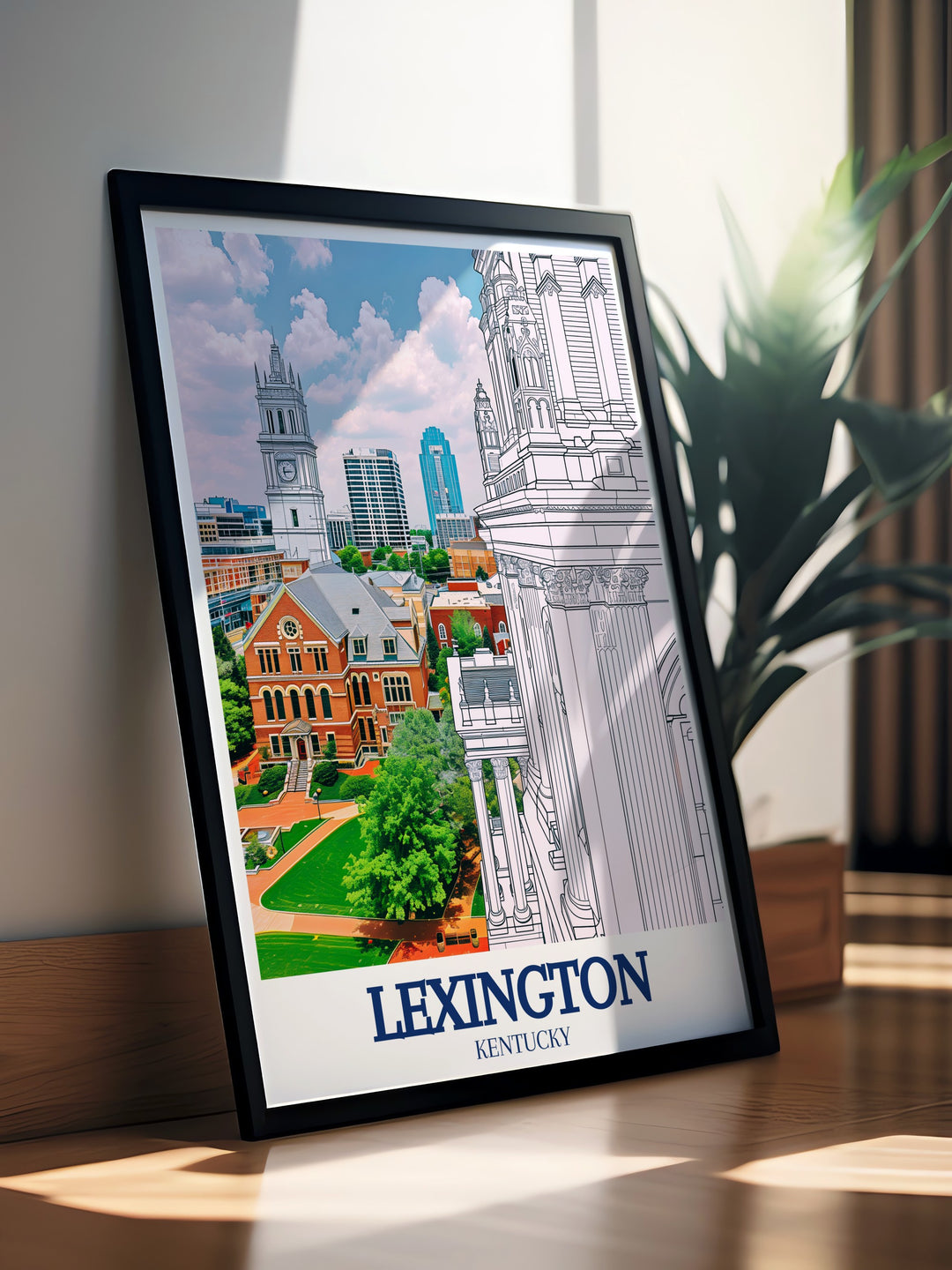 Framed Lexington posters highlighting the Lexington skyline and iconic Transylvania University perfect for home or office decor