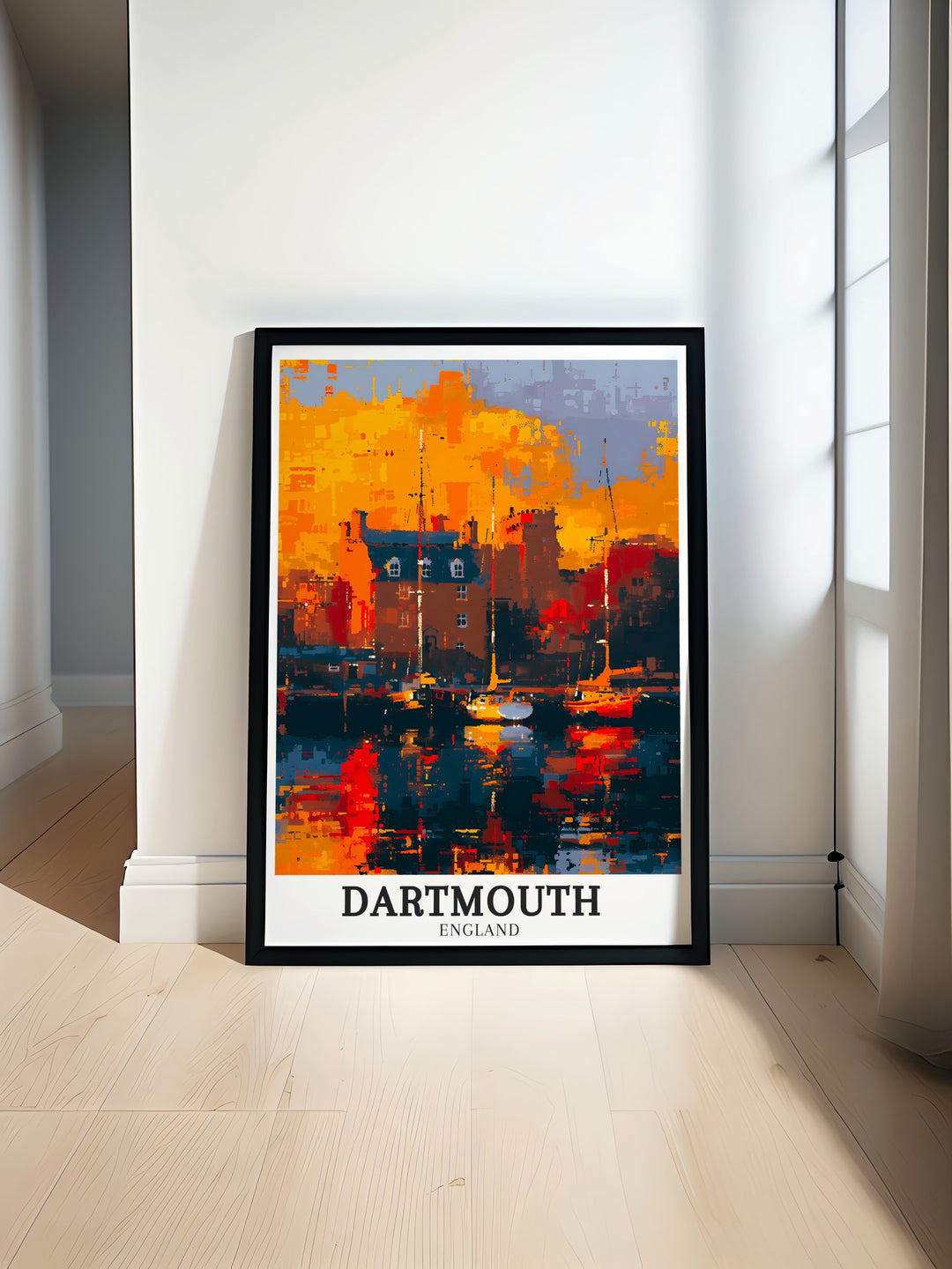 This travel poster highlights the stunning beauty of Dartmouth, England, capturing its historic harbor and the tranquil River Dart. Perfect for adding a touch of English coastal charm to your living space, this detailed artwork showcases both maritime history and natural beauty.