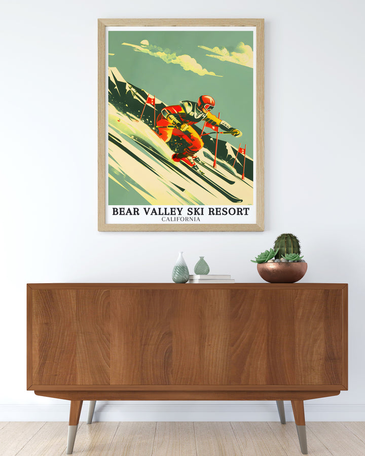 Featuring Blue Run, NASTAR course this Bear Valley ski resort poster is a must have for those who love the thrill of skiing and snowboarding. The artwork beautifully portrays the adventure of Bear Valley making it a striking piece for your home decor.