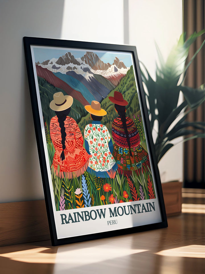 Captivating Rainbow Mountain artwork featuring vivid landscapes of Quechua people Andes Mountains perfect for modern prints and elegant home decor enhancing any living space.