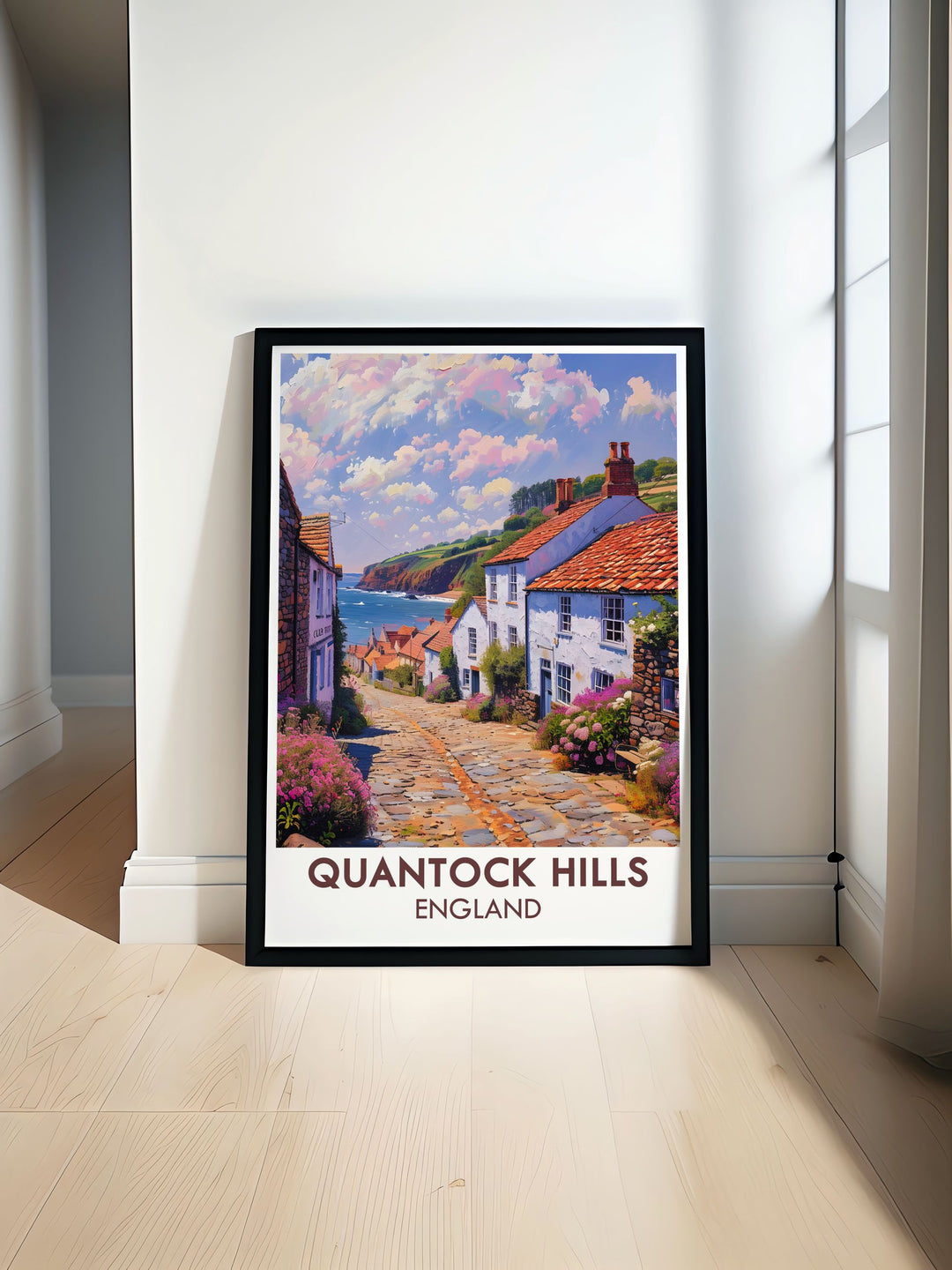 Nether Stowey vintage travel print showcasing the serene beauty of Quantock Hills AONB and Somerset AONB perfect for home decor and travel enthusiasts who appreciate Somerset Travel Art and the picturesque views of Vale Taunton Deane and Quantock Heath.
