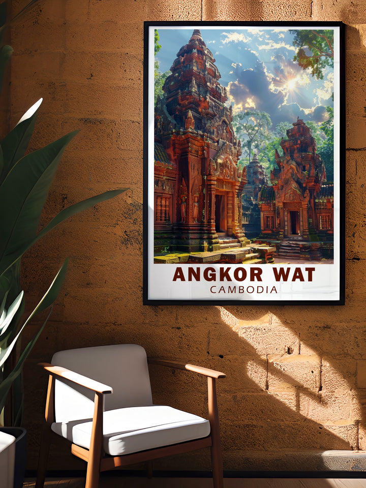 Our Angkor Wat and Banteay Srei canvas print beautifully captures Cambodias most renowned temples. The vivid colors and fine details of these ancient structures make this poster an ideal gift for history enthusiasts or anyone with a love for Southeast Asian culture and heritage.