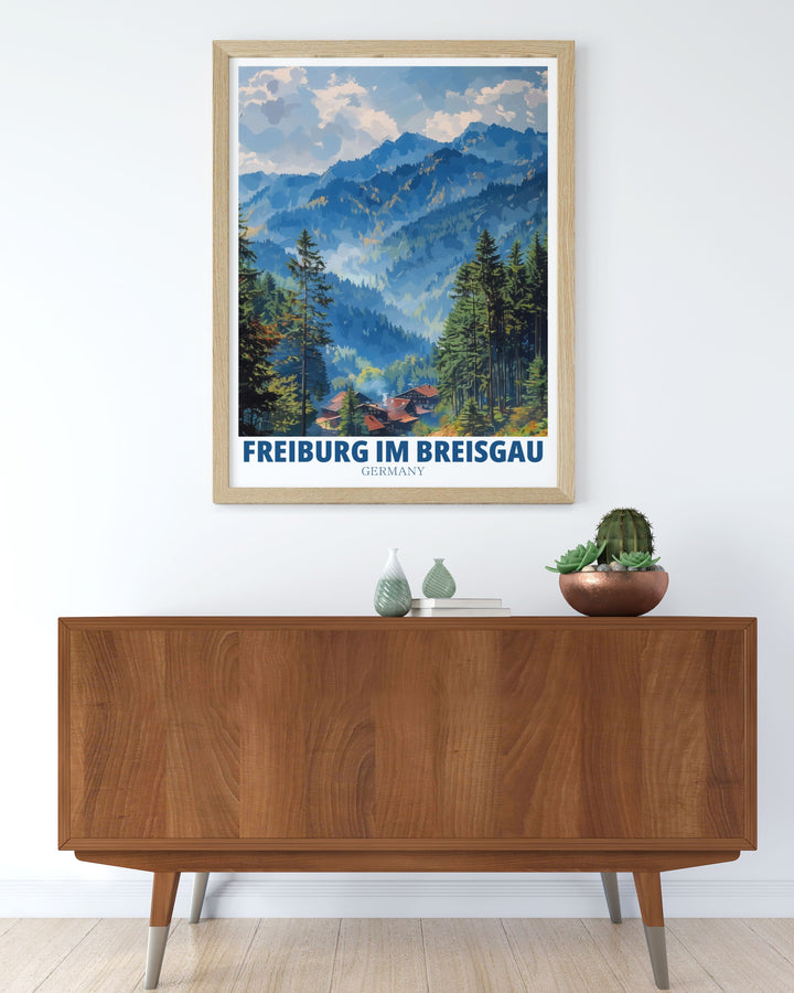 Celebrate the natural beauty of the Black Forest and the historic architecture of Freiburg Im Breisgau with this Germany art print a perfect addition to any living room or gallery wall.