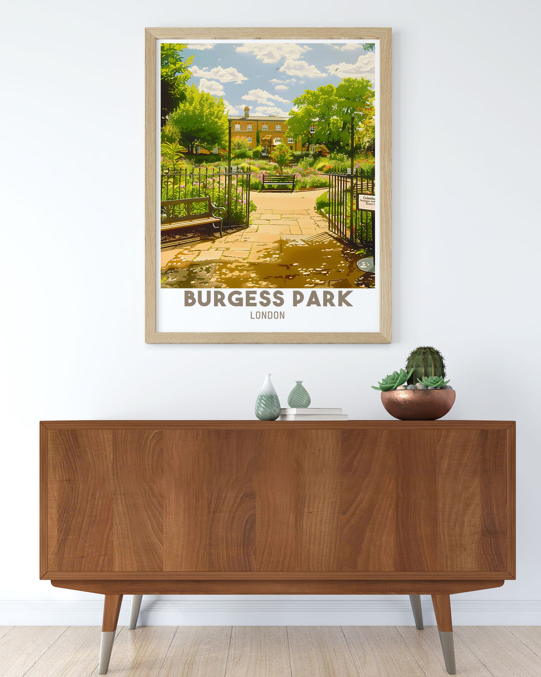 Experience the beauty of South East London with this stunning Burgess Park print. The artwork features the lush Chumleigh Gardens and the cozy Chumleigh Café, capturing the essence of this urban oasis and its vibrant atmosphere.