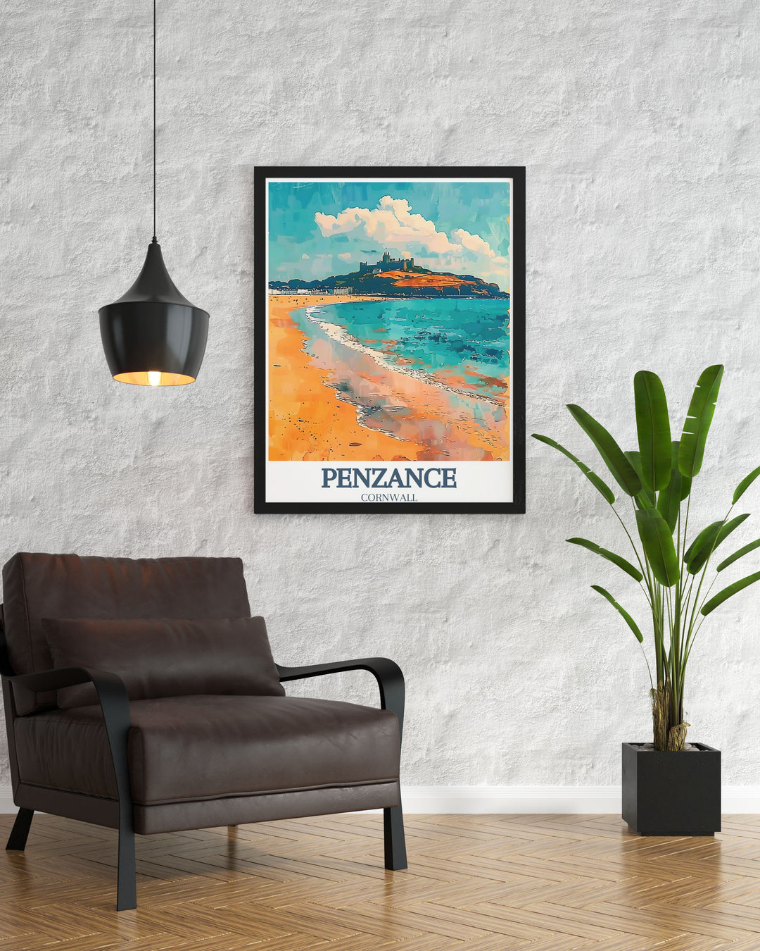 Stunning UK Travel Poster showcasing the picturesque Porthleven Pier and the iconic Mount Bay St Michaels Mount perfect for those who love Cornish villages and elegant home decor capturing the charm of coastal landscapes