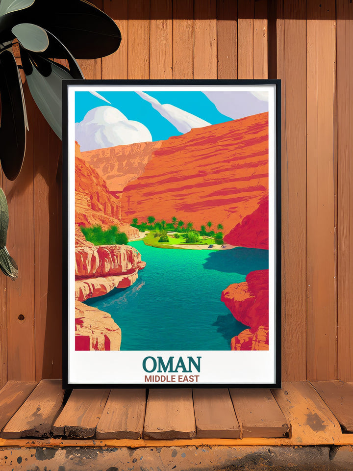 This travel print of Wadi Shab showcases the unique beauty of Omans natural wonder. Perfect for any space, this Middle Eastern wall art brings a piece of Omans cultural and natural heritage into your home.