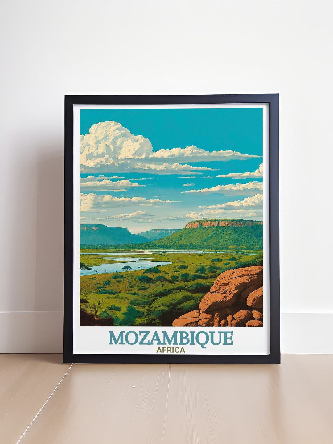 Mozambique Travel Poster showcasing the serene landscapes of Gorongosa National Park. Perfect for anyone passionate about African wildlife, this poster brings the peaceful, natural beauty of Mozambique into your home.