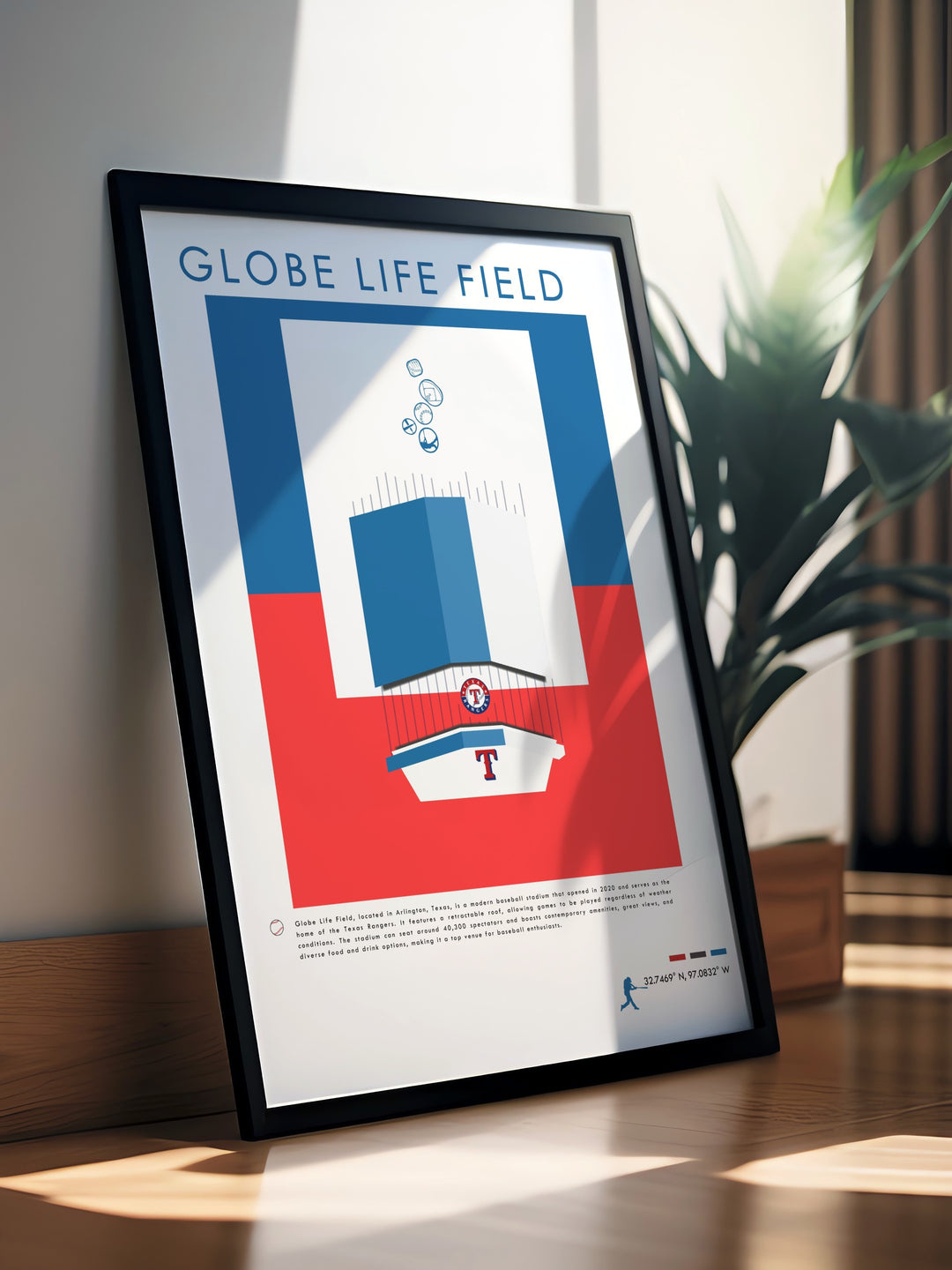 Celebrate the Texas Rangers with this art print featuring the iconic Globe Life Field making a great birthday gift or Fathers Day surprise for baseball enthusiasts